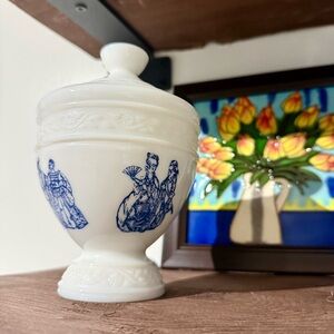 Vintage White and Blue Decorative Milk glass Jar/dish